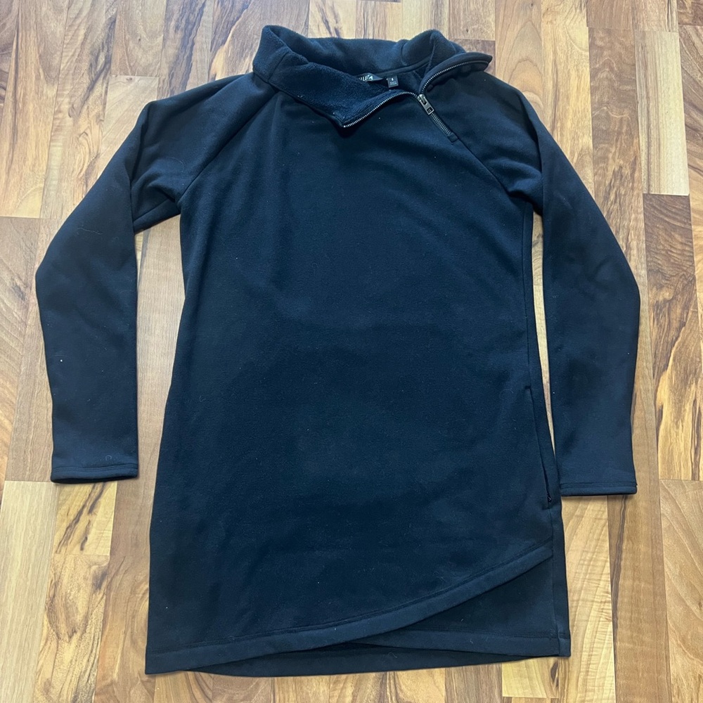 Athleta Cozy Karma ASYM Zip Sweatshirt Dress Black Fleece Lined Size Small
